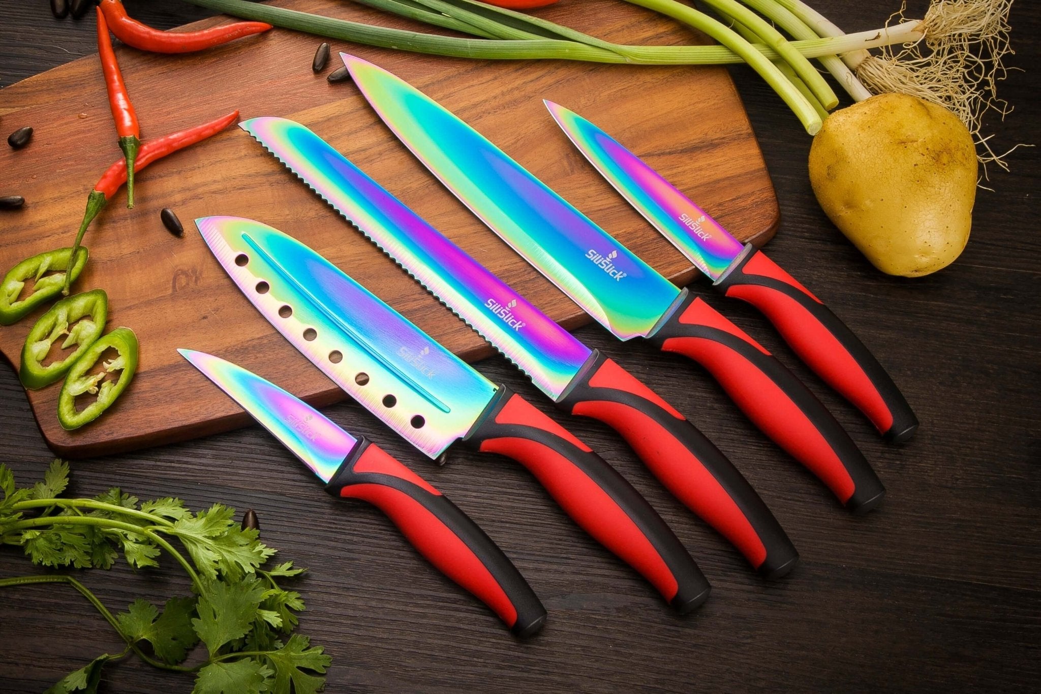 Kitchen Knife Set Kit | Red Handle & Black Magnetic Rack - Vital proximityDC - SiliSlick®Vital proximityDC - 2775714Kitchen Knife Set Kit | Red Handle & Black Magnetic Rack